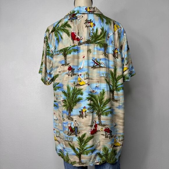 Vintage 90s Beach Scene Button Up Hawaiian Shirt Rayon Coastal Print Large - Picture 4 of 8